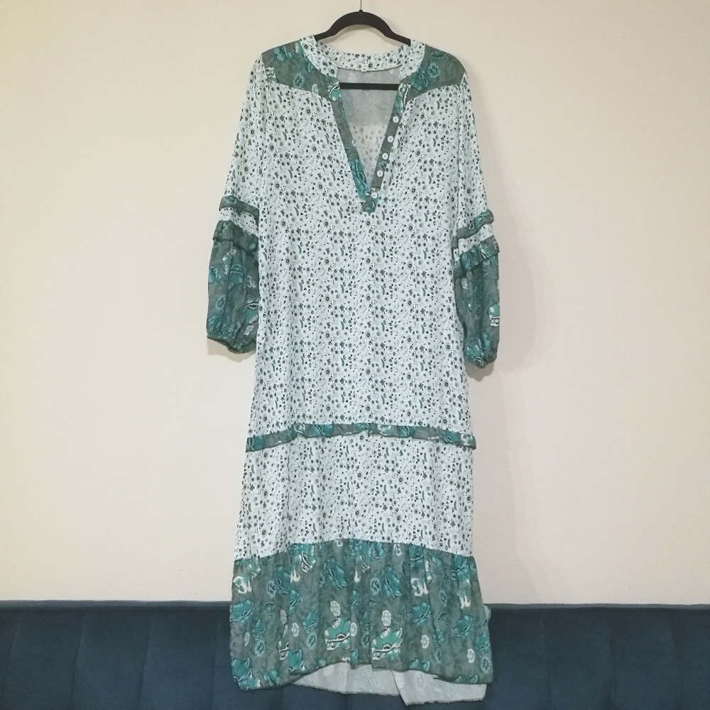 Green Ditsy Print Floral Boho Muu muu Cover up